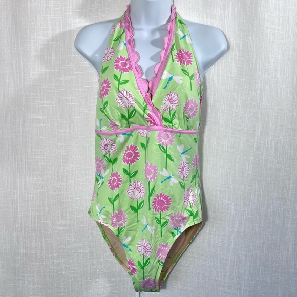 Lilly Pulitzer One Piece Floral Dragonfly Ruffle Halter Swimsuit Size 6 - Picture 1 of 14